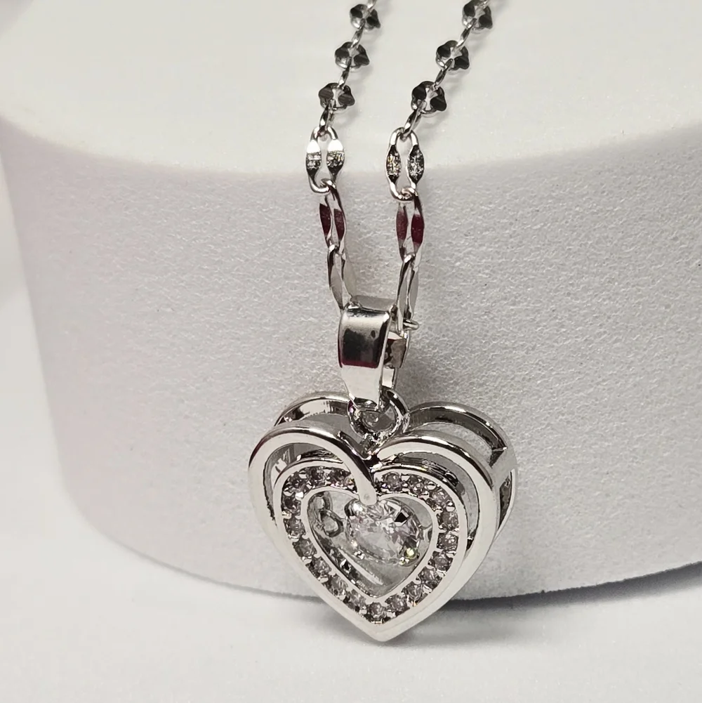 Silver Double Heart CZ Pendant Necklace – Stainless Steel Classy Elegant Minimal